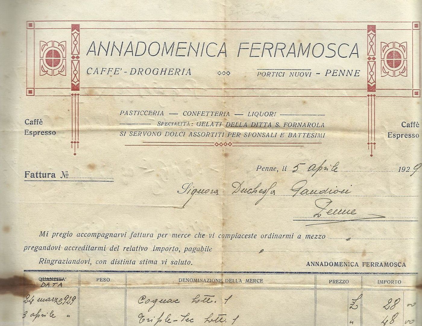Fattura Caffè Ferramosca Penne 1929 Duchessa Gaudiosi Abruzzo
