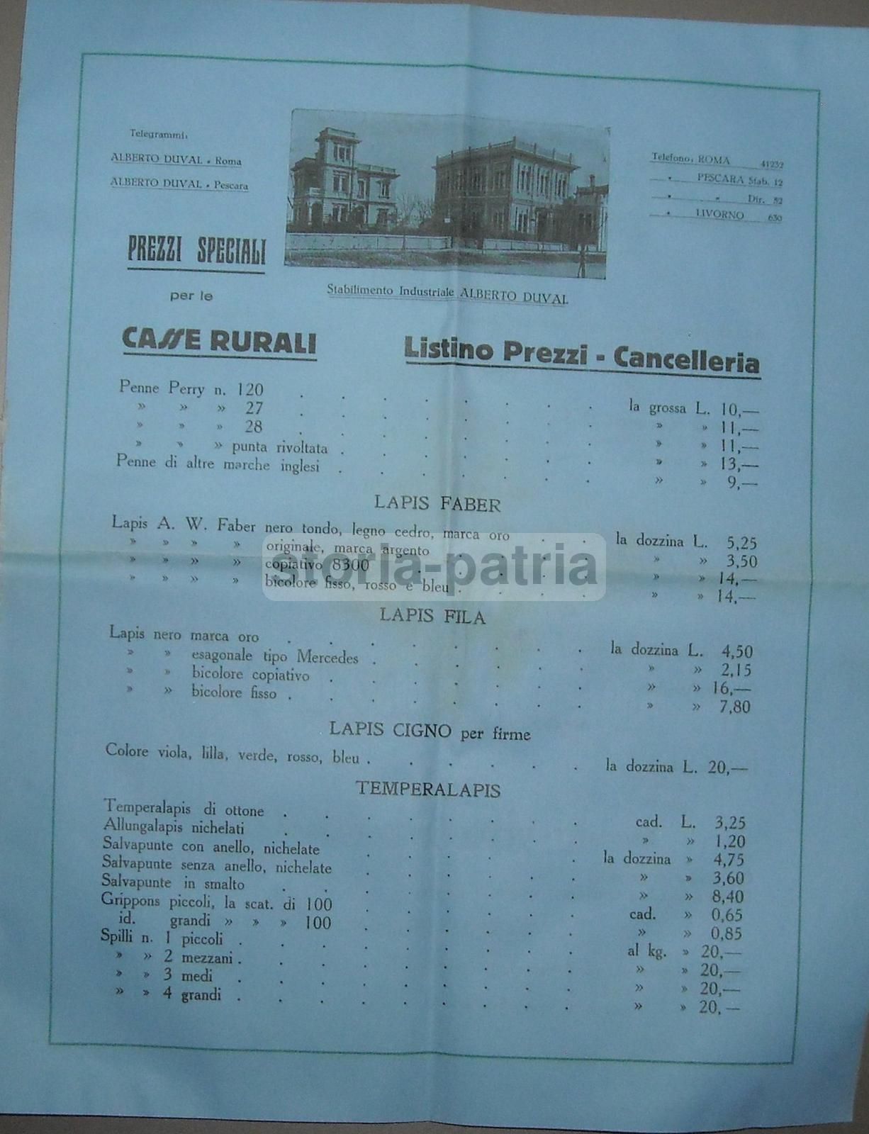 Listino Prezzi Alberto Duval Pescara Cancelleria Casse Rurali 1920