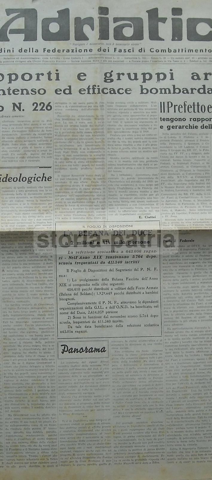 Giornale L'Adriatico, 20 Gennaio 1941, Pescara   Bombardamenti WWII E Cronaca Abruzzese