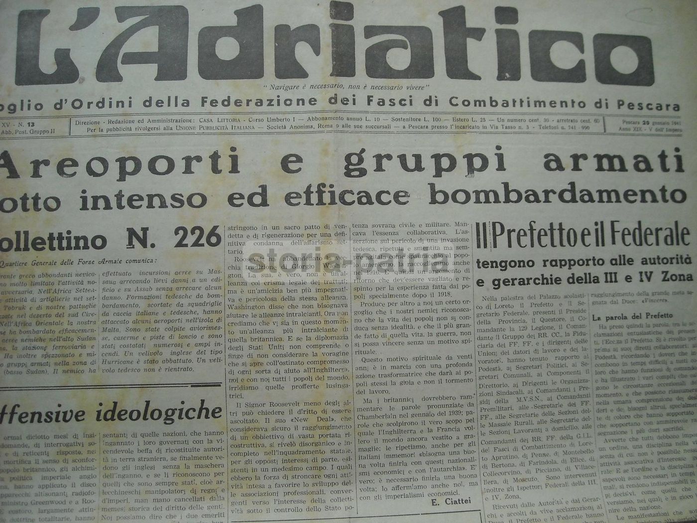 Giornale L'Adriatico, 20 Gennaio 1941, Pescara   Bombardamenti WWII E Cronaca Abruzzese
