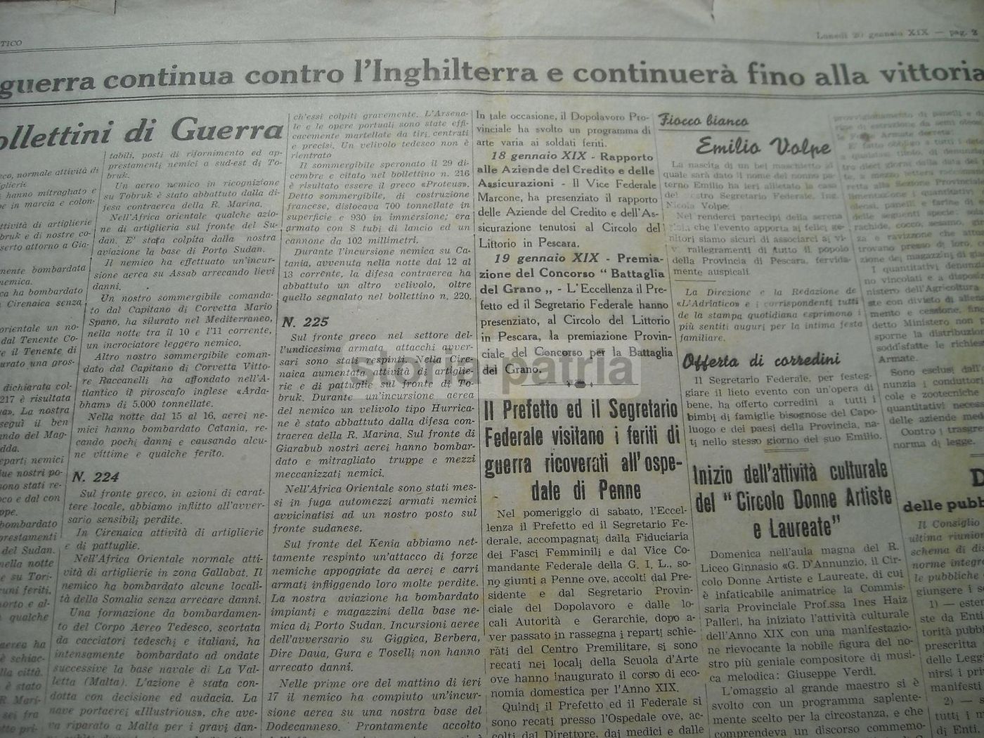 Giornale L'Adriatico, 20 Gennaio 1941, Pescara   Bombardamenti WWII E Cronaca Abruzzese