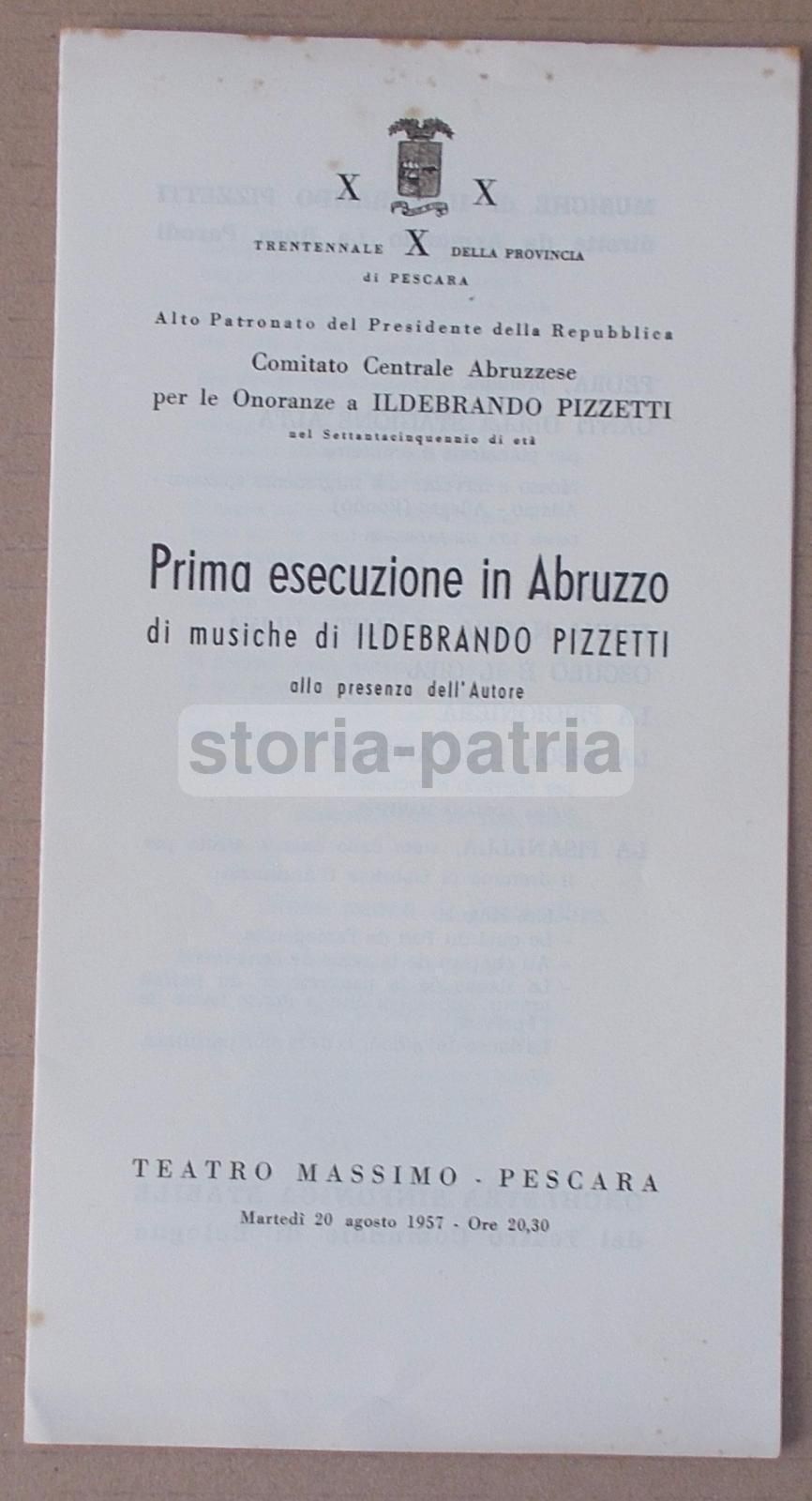 Depliant Omaggio Ildebrando Pizzetti, Teatro Massimo Pescara, 1957