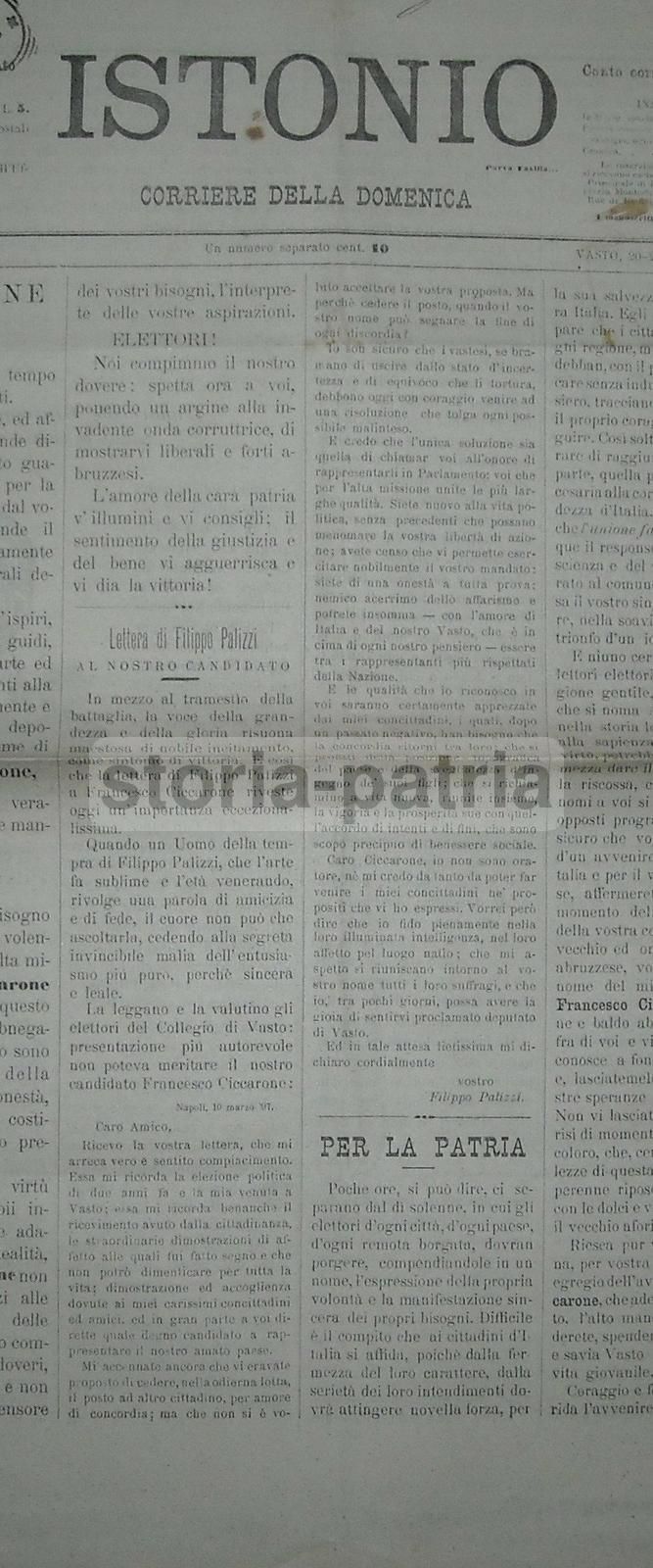 Corriere Della Domenica 1897, Vasto: Elezioni Ciccarone E Filippo Palizzi