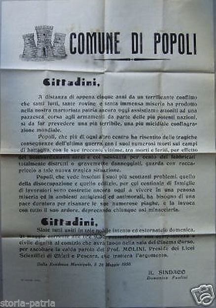 Manifesto Storico Del Comune Di Popoli, 1950: Sindaco Paolini E Il Comizio Per La Pace