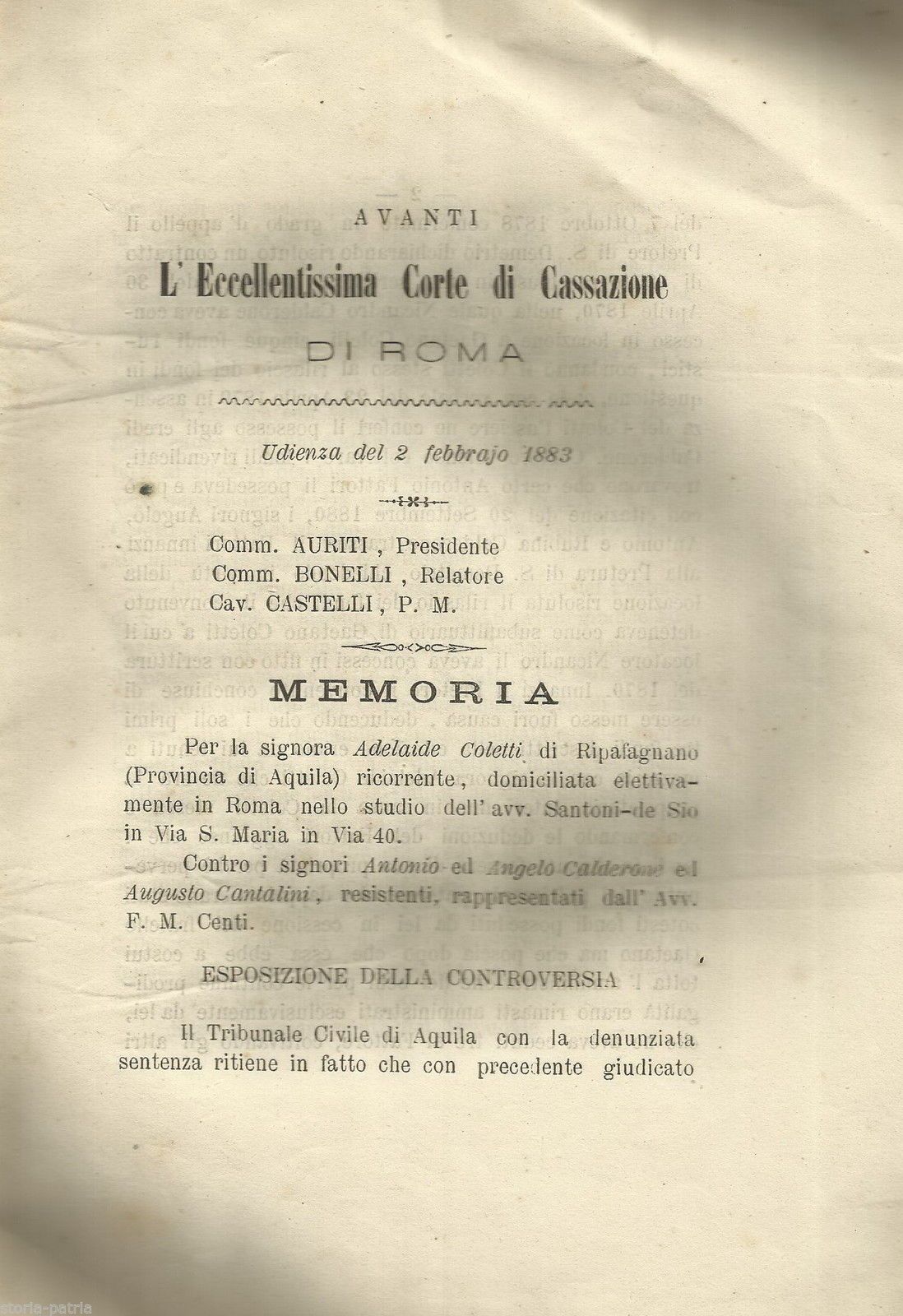 Memoria Corte Di Cassazione Roma 1883 Ripafagnano, Aquila, Abruzzo