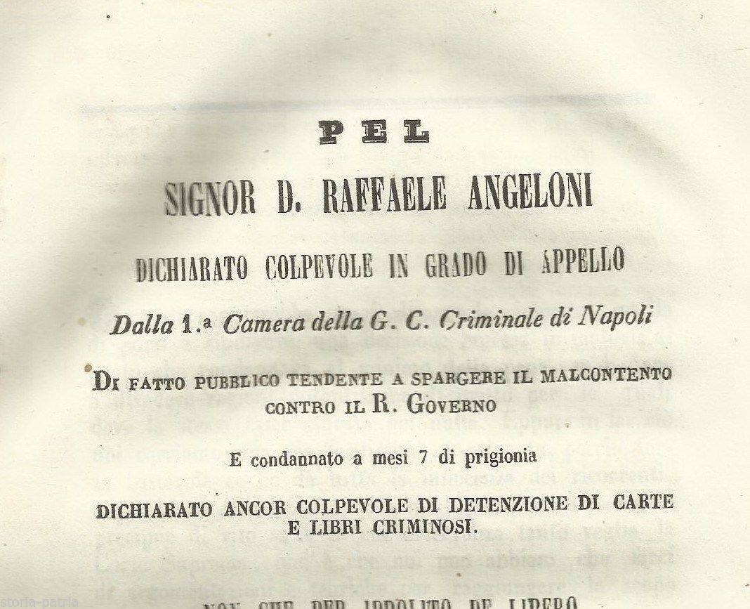 Allegazione Raffaele Angeloni, Roccaraso 1850. Risorgimento, Napoli