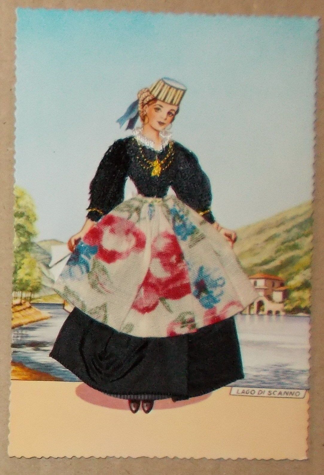 Cartolina Ricamata Scanno Costume Tradizionale Abruzzese Anni '50
