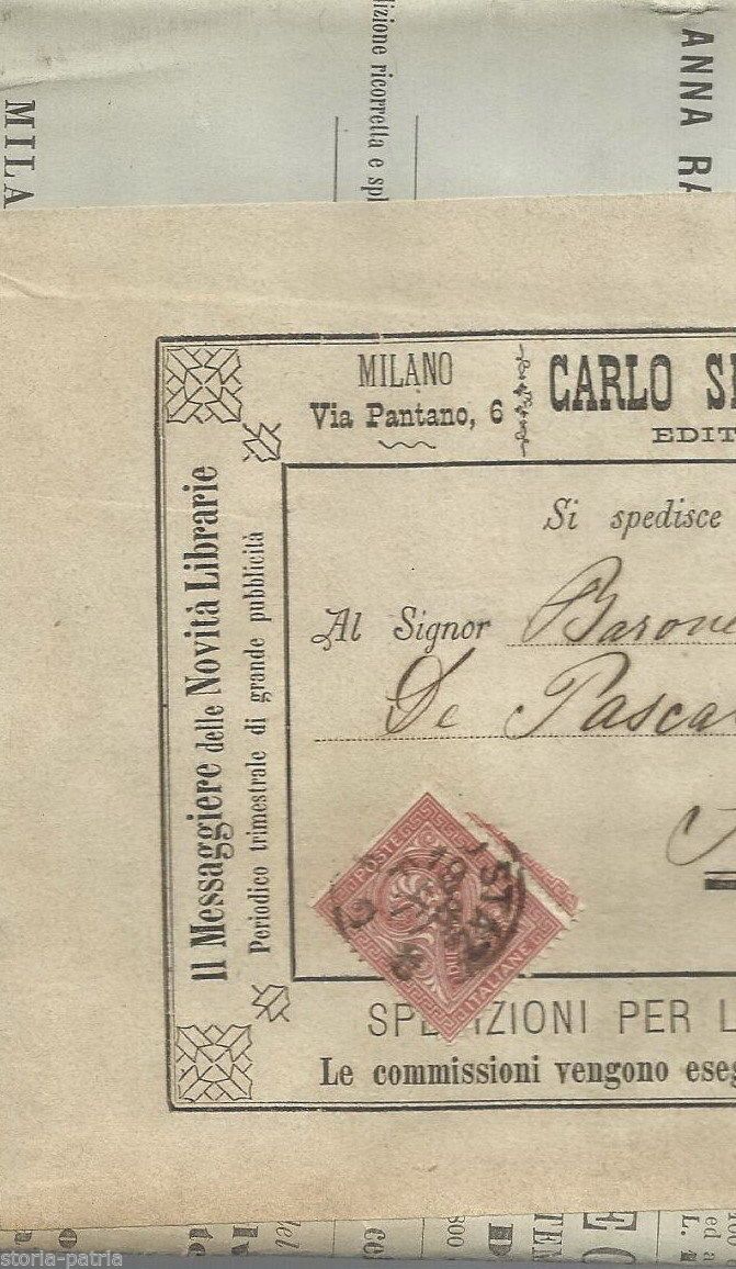 Fascetta Postale Simonetti Milano Sulmona 1877 Filatelia Abruzzo