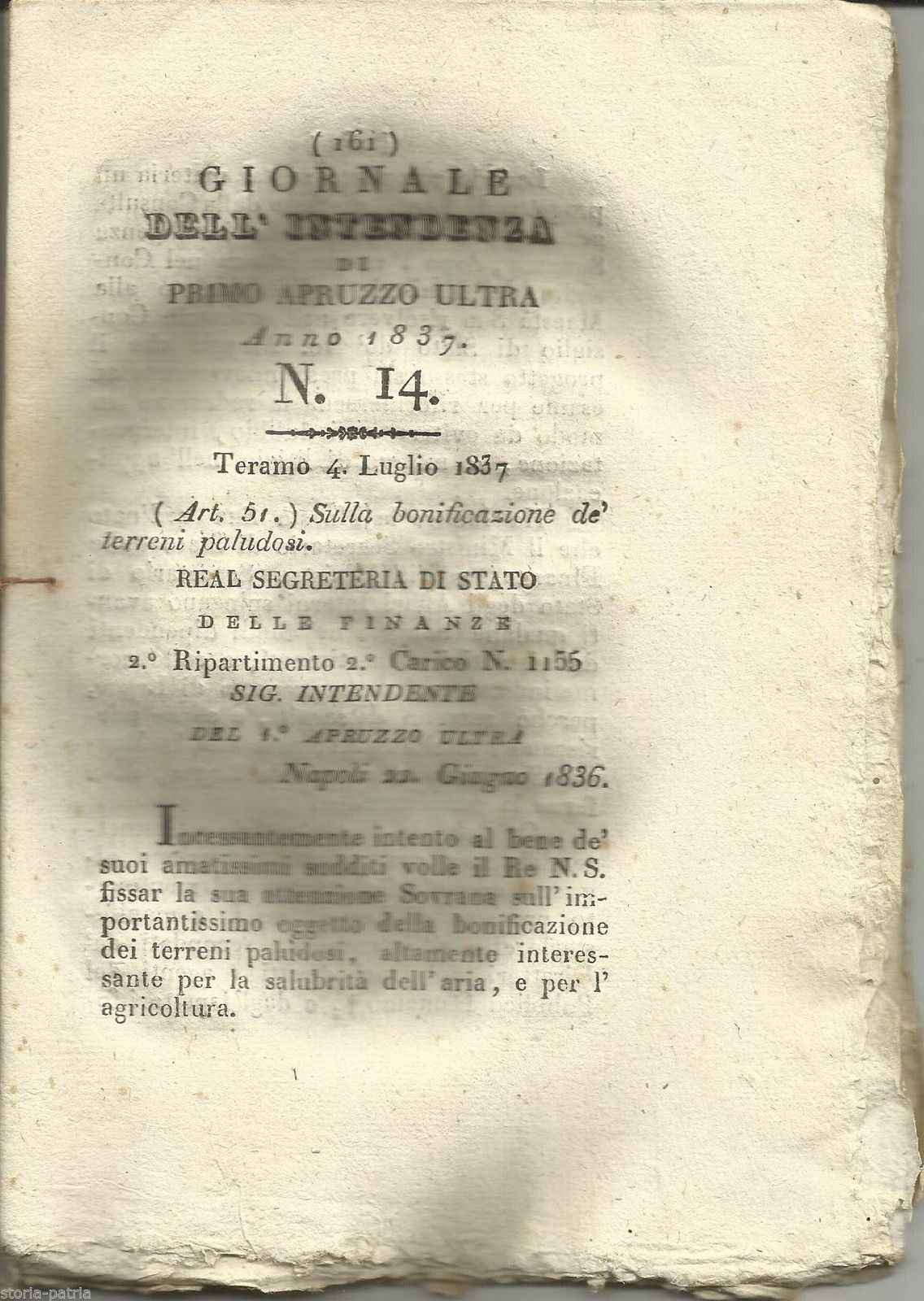 Giornale Dell'Intendenza Di Teramo, 1837: Bonifica Dei Terreni Paludosi