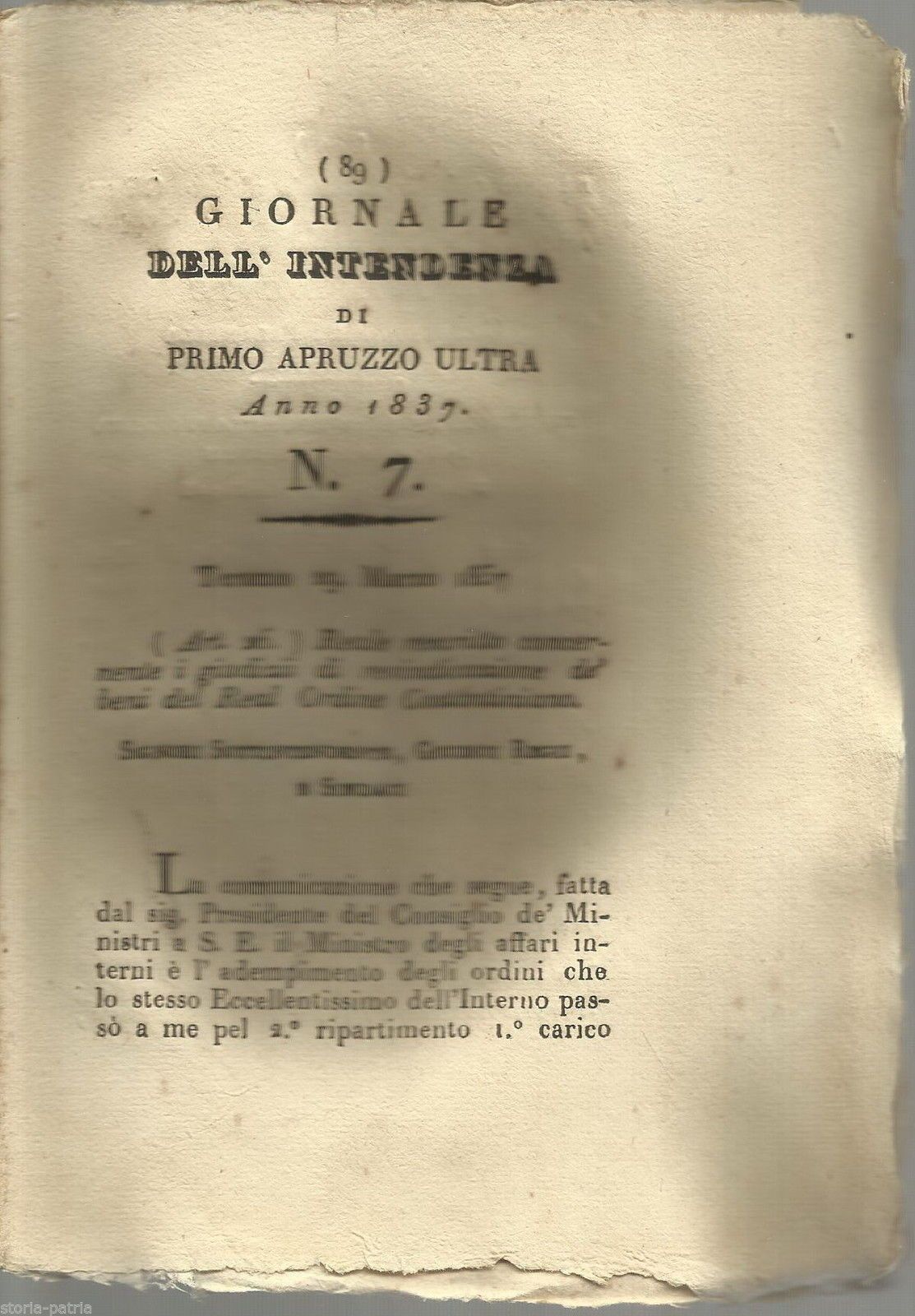 Giornale Dell'Intendenza Di Primo Abruzzo Ultra, N. 7   Teramo, 1837