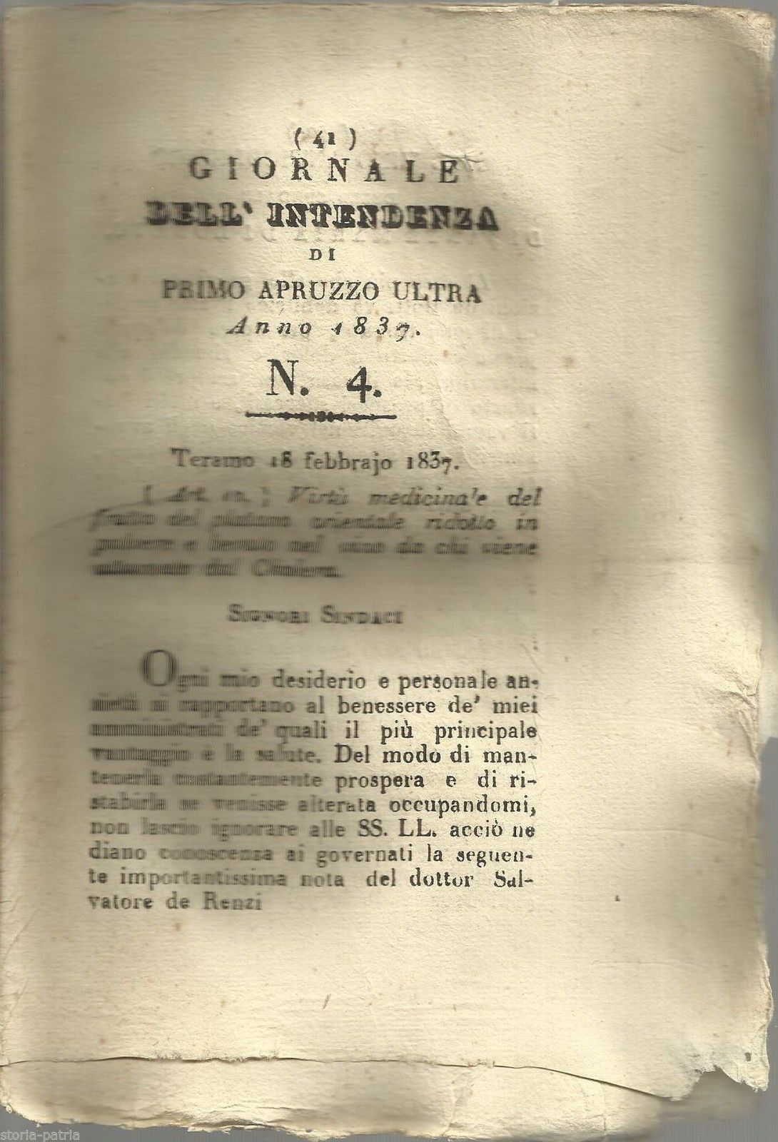 Giornale Dell'Intendenza Di Primo Abruzzo Ultra, 1837: Medicina, Colera E Leggi Borboniche