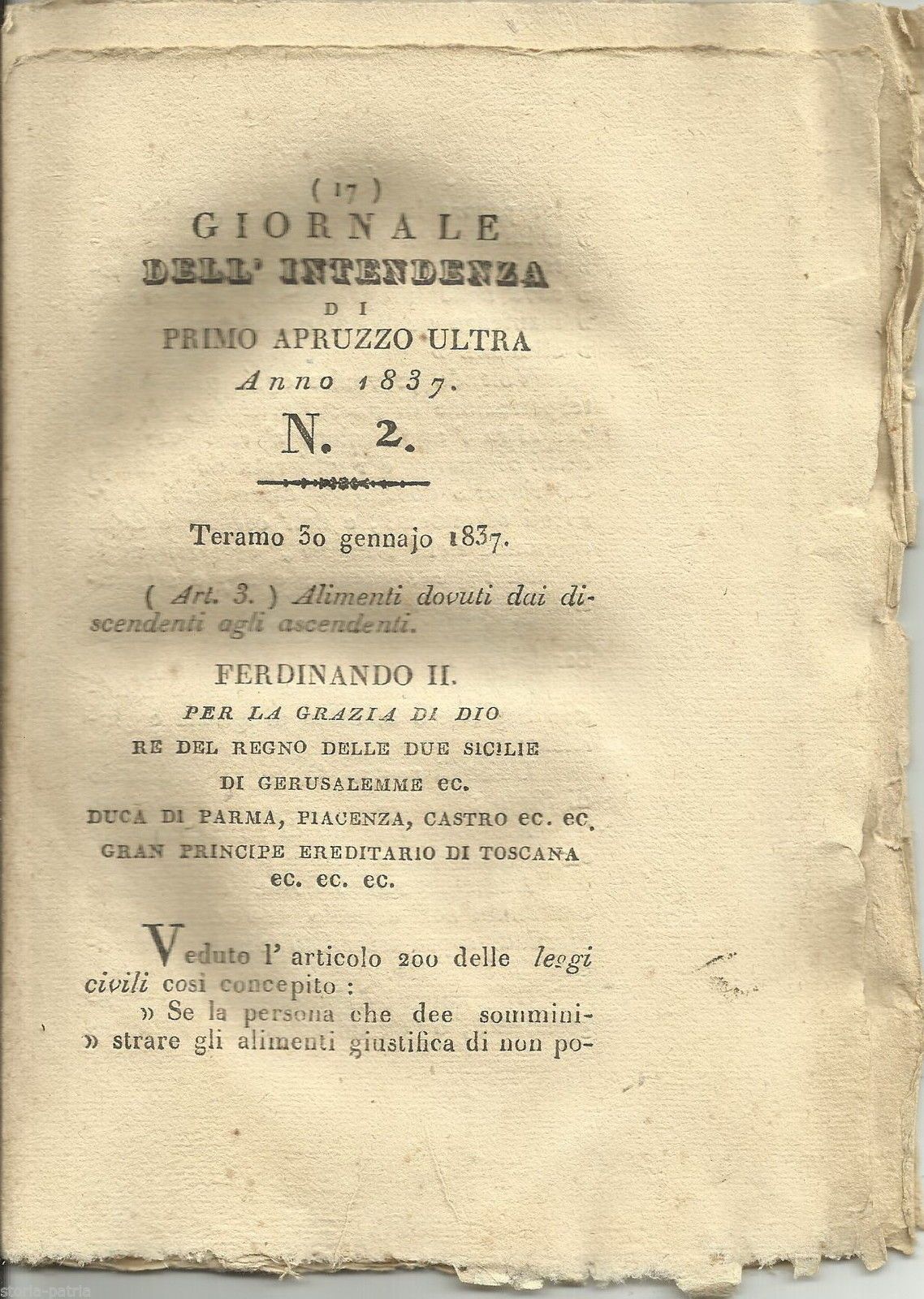 Giornale Dell'Intendenza Di Primo Abruzzo Ultra, 1837: Colera, Lazzaretto, Teramo