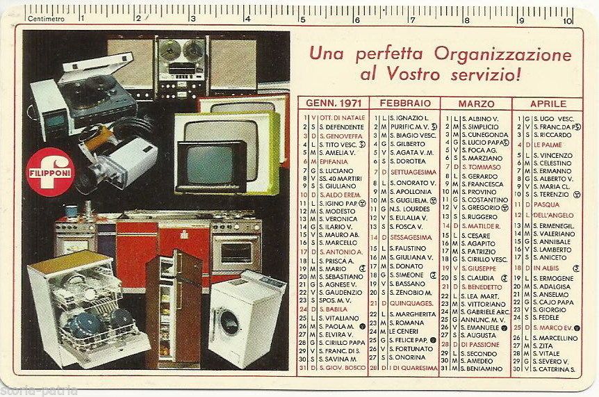 Calendarietto Pubblicitario Filipponi 1971 Teramo Pescara Abruzzo