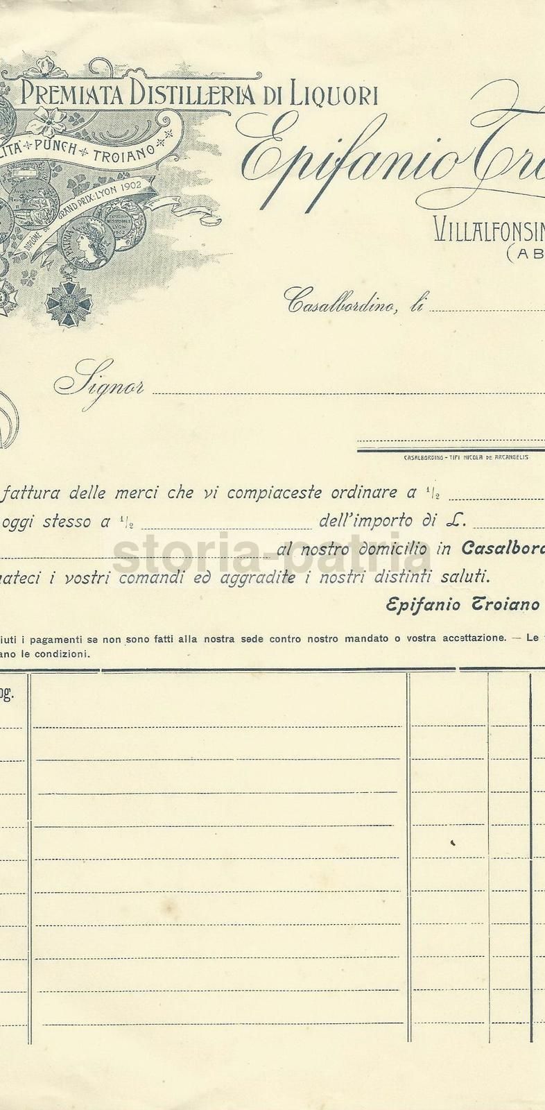 Carta Intestata Distilleria Troiano Villalfonsina Abruzzo 1910