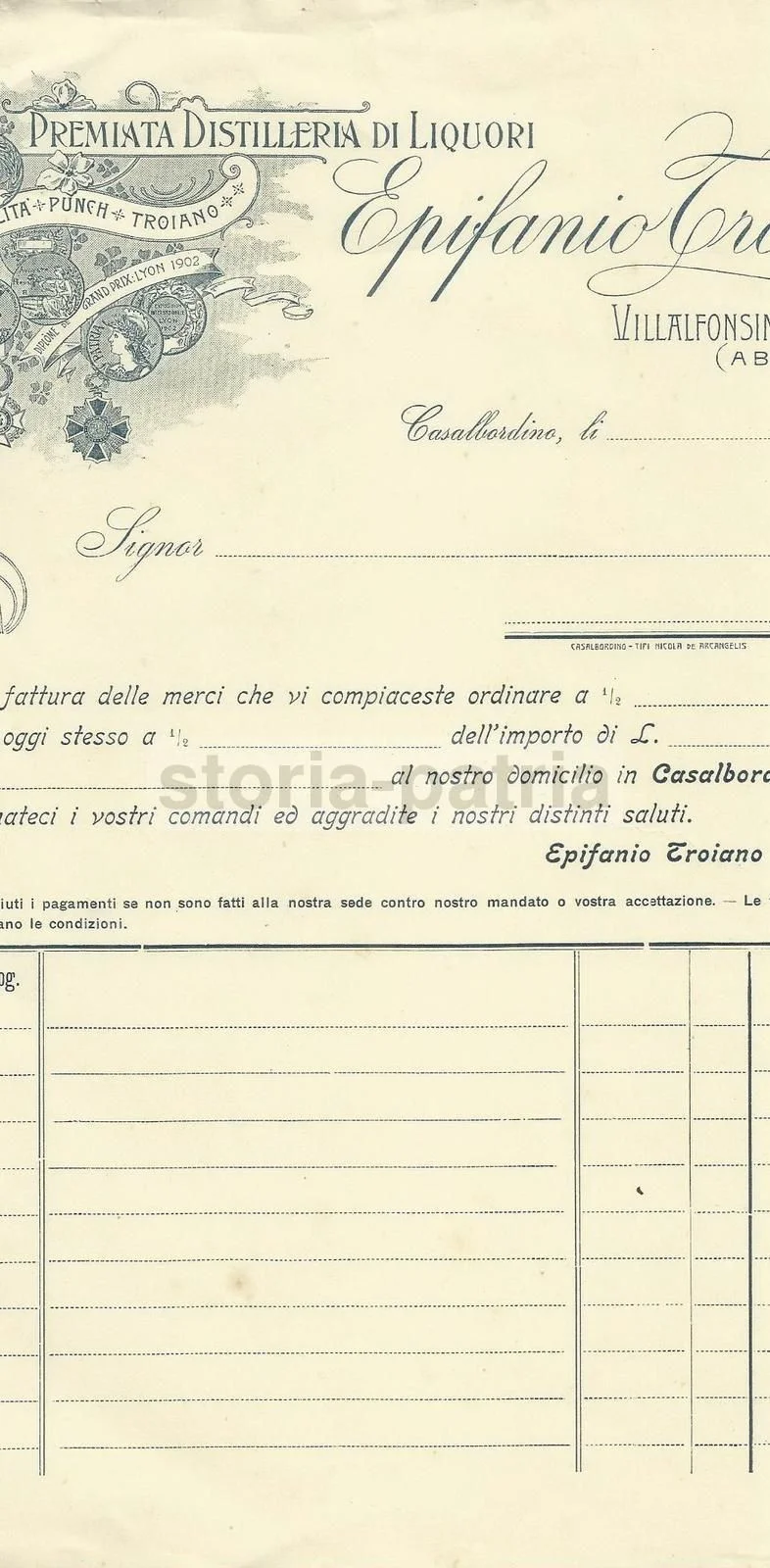 Letterhead, Troiano Distillery, Villalfonsina, Abruzzo 1910