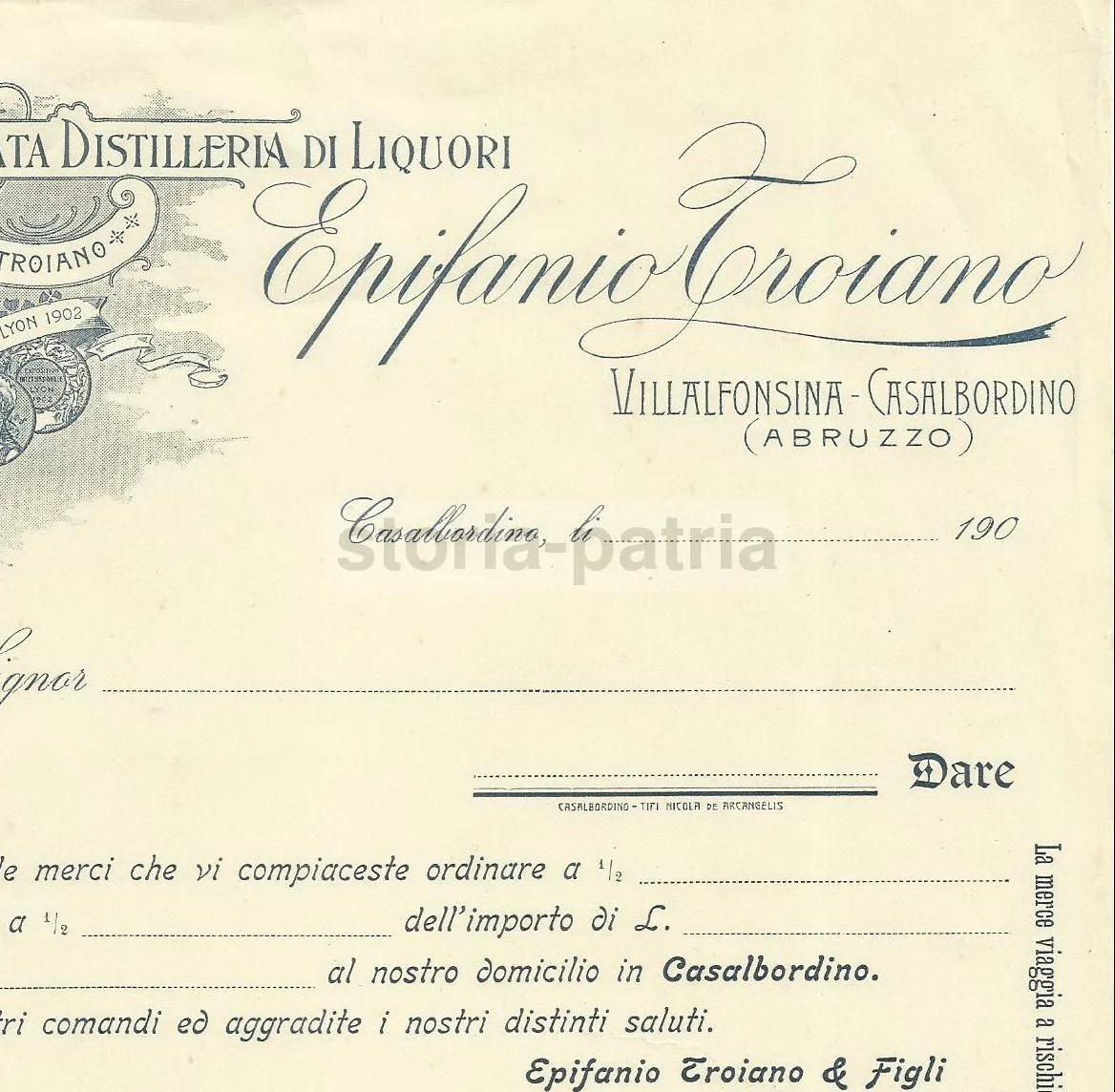 Letterhead, Troiano Distillery, Villalfonsina, Abruzzo 1910