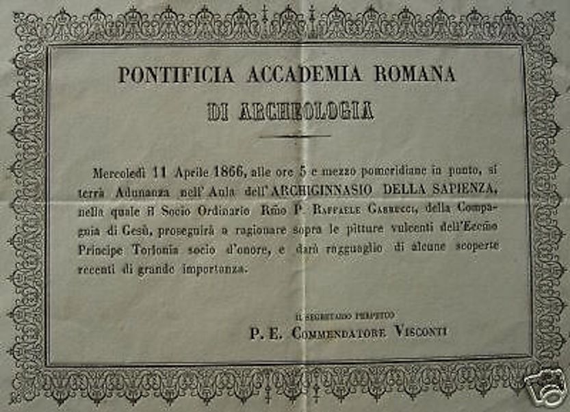 Foglio Volante Conferenza Garrucci: Pitture Vulcenti Torlonia, 1866