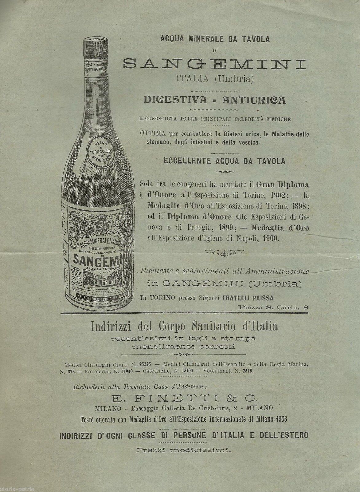 Pubblicità Acqua Sangemini 1907, Paissa Torino Umbria
