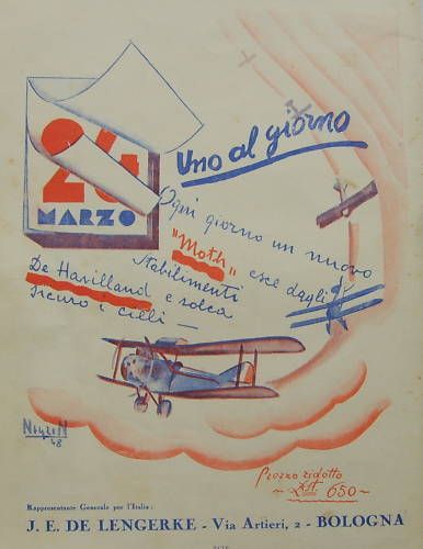Pubblicità De Havilland Moth E Castiglioni Avionite, Bologna Milano 1928