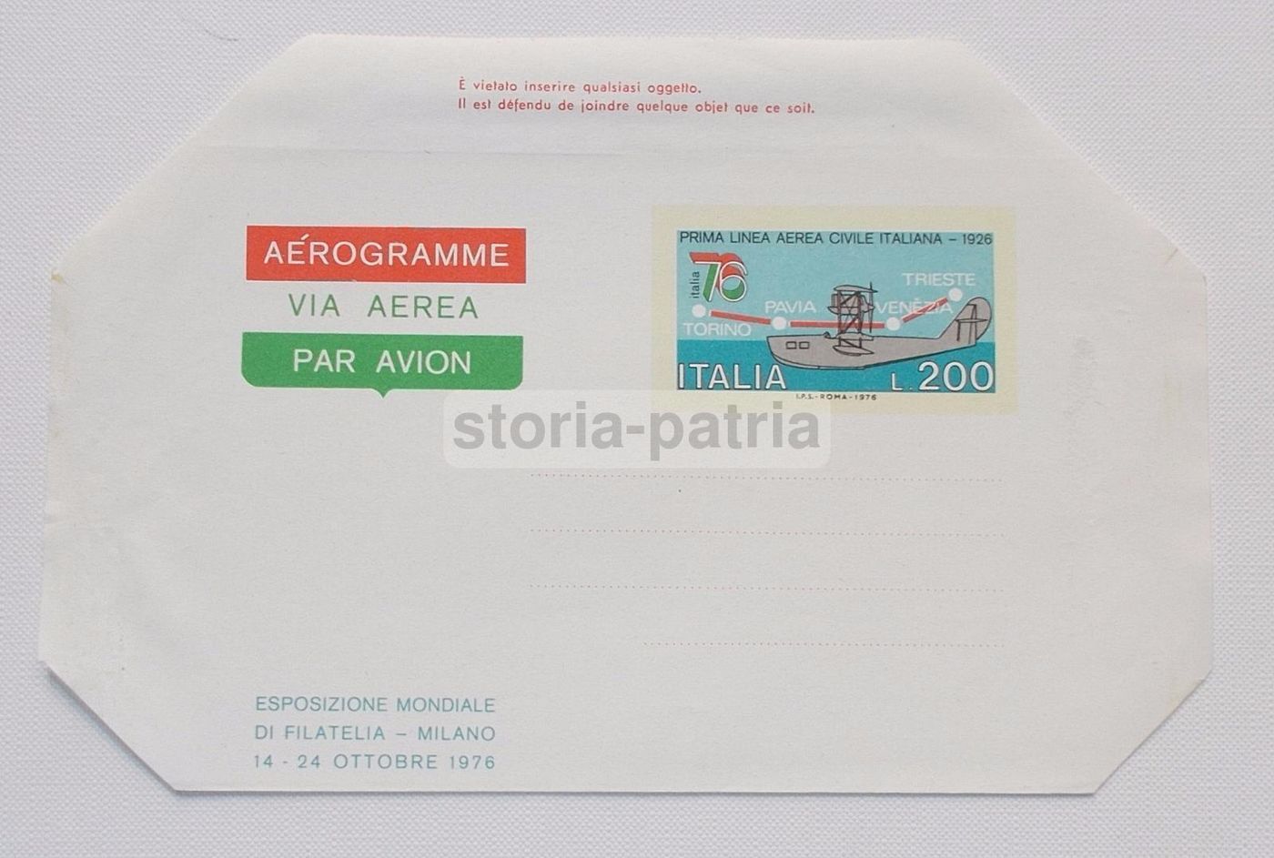 Aerogramma Commemorativo Trieste Torino 1976 Prima Linea Aerea