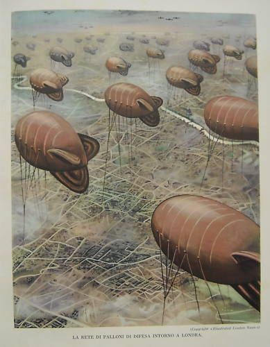 Stampa Antica Difesa Di Londra Con Palloni Aerostatici, 1940