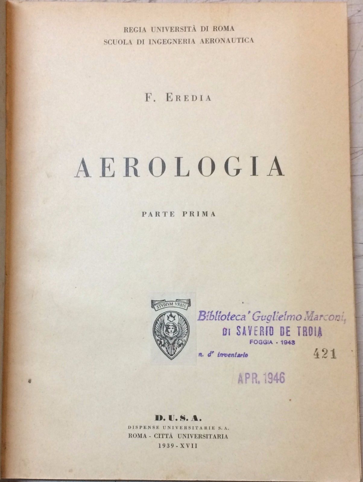 Filippo Eredia, Aerologia (Parte Prima), 1939