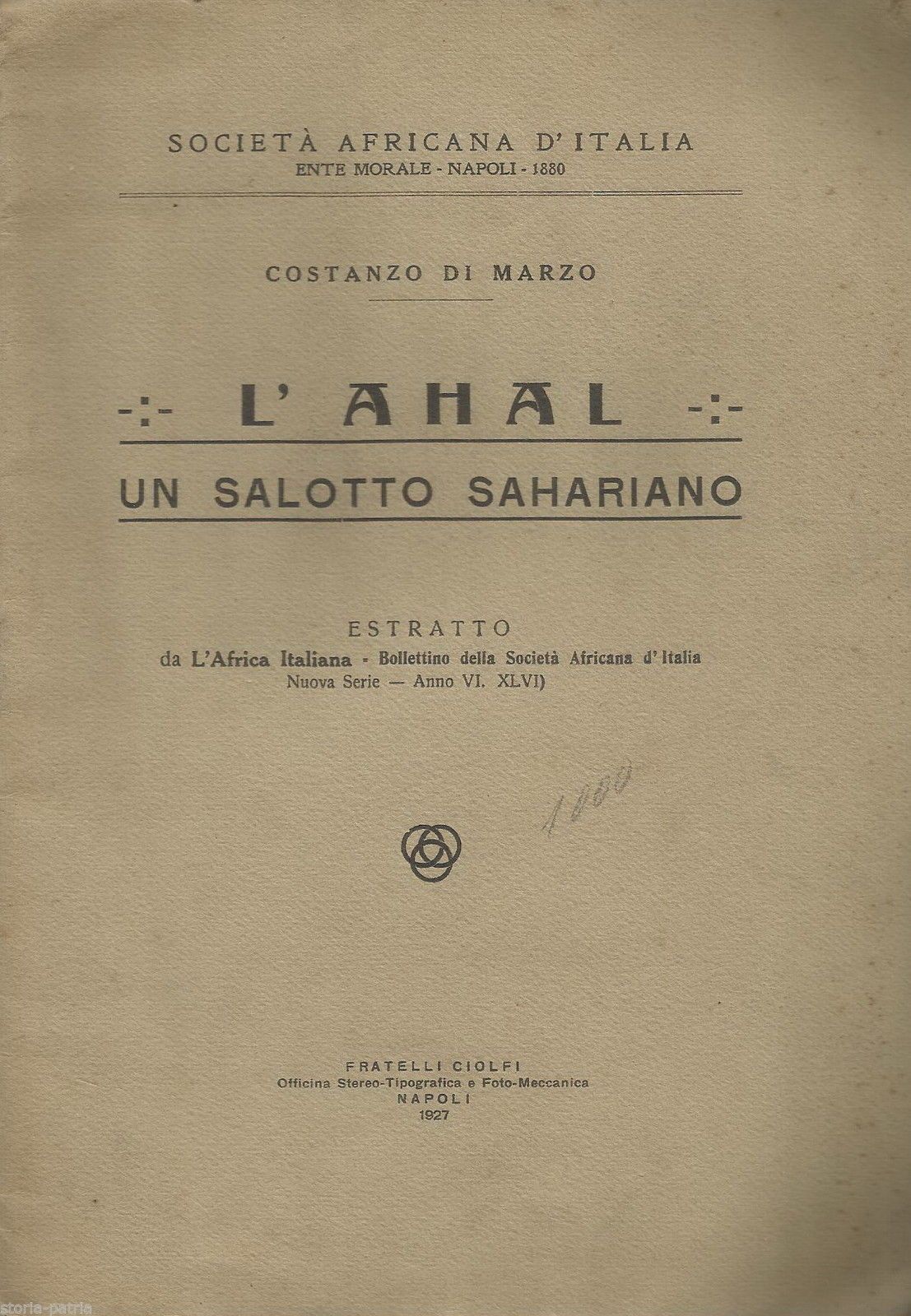 L'Ahal Di Costanzo Di Marzo: Un Salotto Sahariano. Napoli, 1927