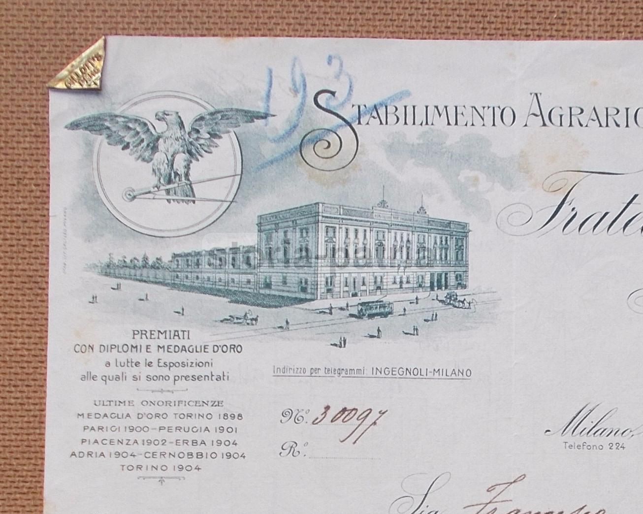 Carta Intestata Fratelli Ingegnoli Milano 1911 Stabilimento Agrario