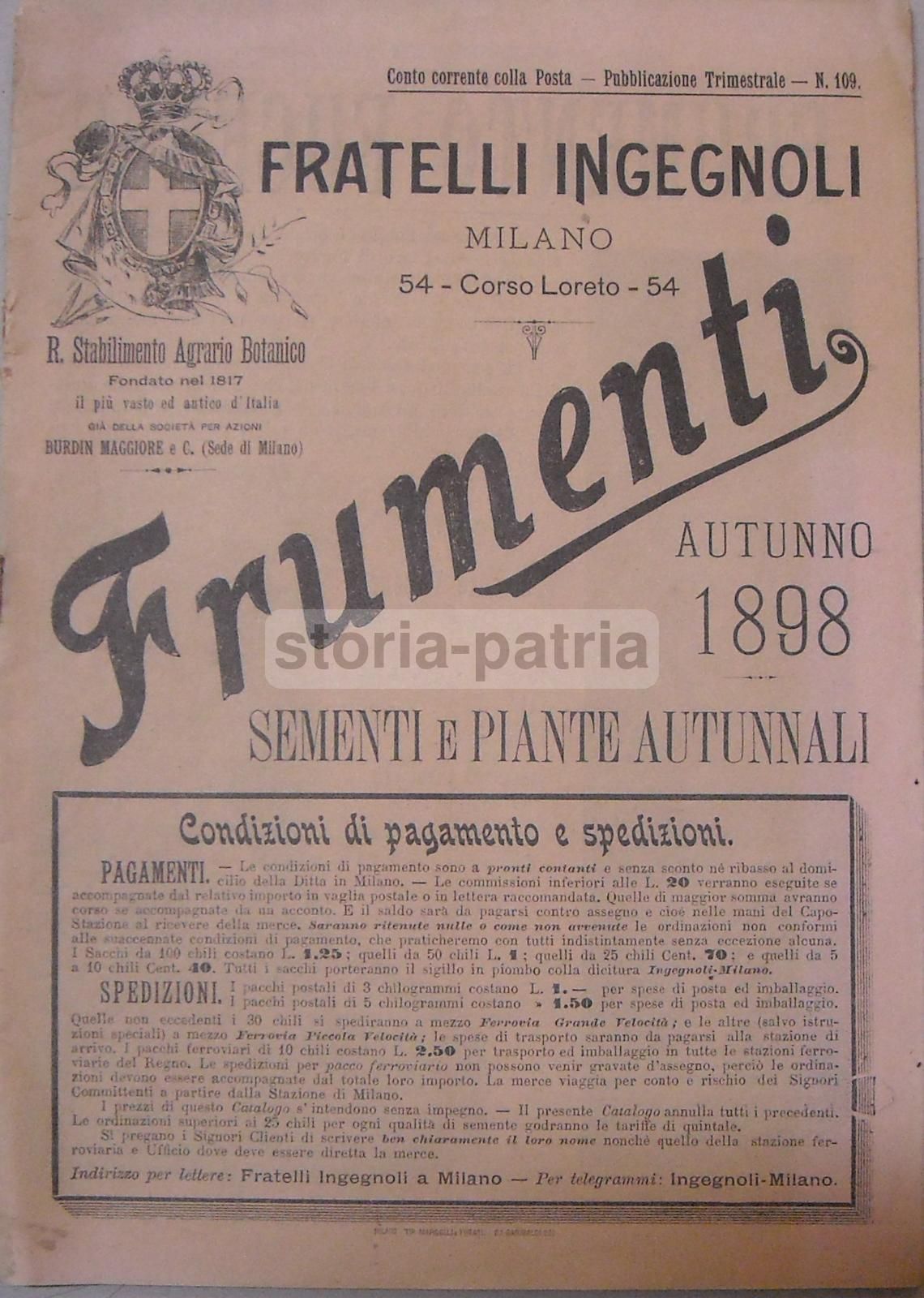 Catalogo Fratelli Ingegnoli 1898: Frumenti, Sementi E Piante