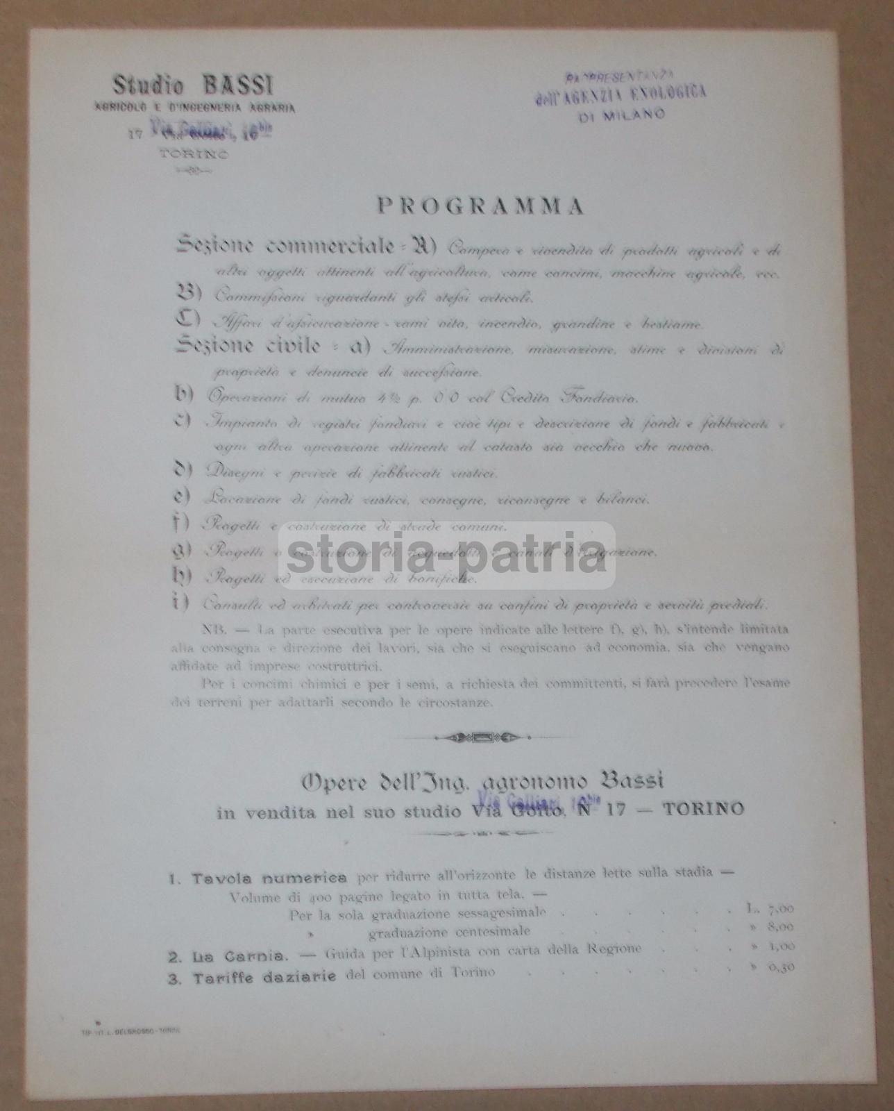 Foglio Pubblicitario Ingegnere Bassi, Torino, Anni '20 '30, Agraria