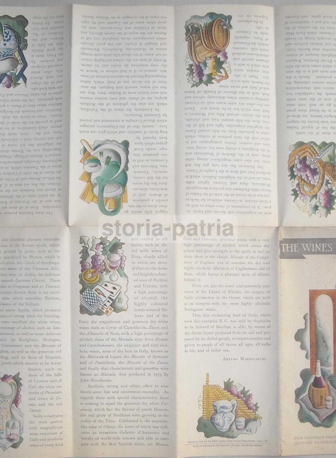 Mappa Vini Italiani ENIT 1935 Zimelli Depliant Propaganda Enologia