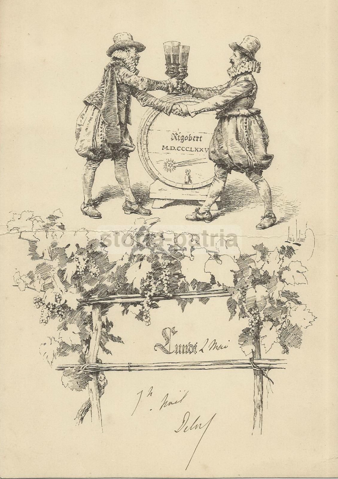 Stampa Antica Vino Rigobert 1875 Louis Leloir Litografia
