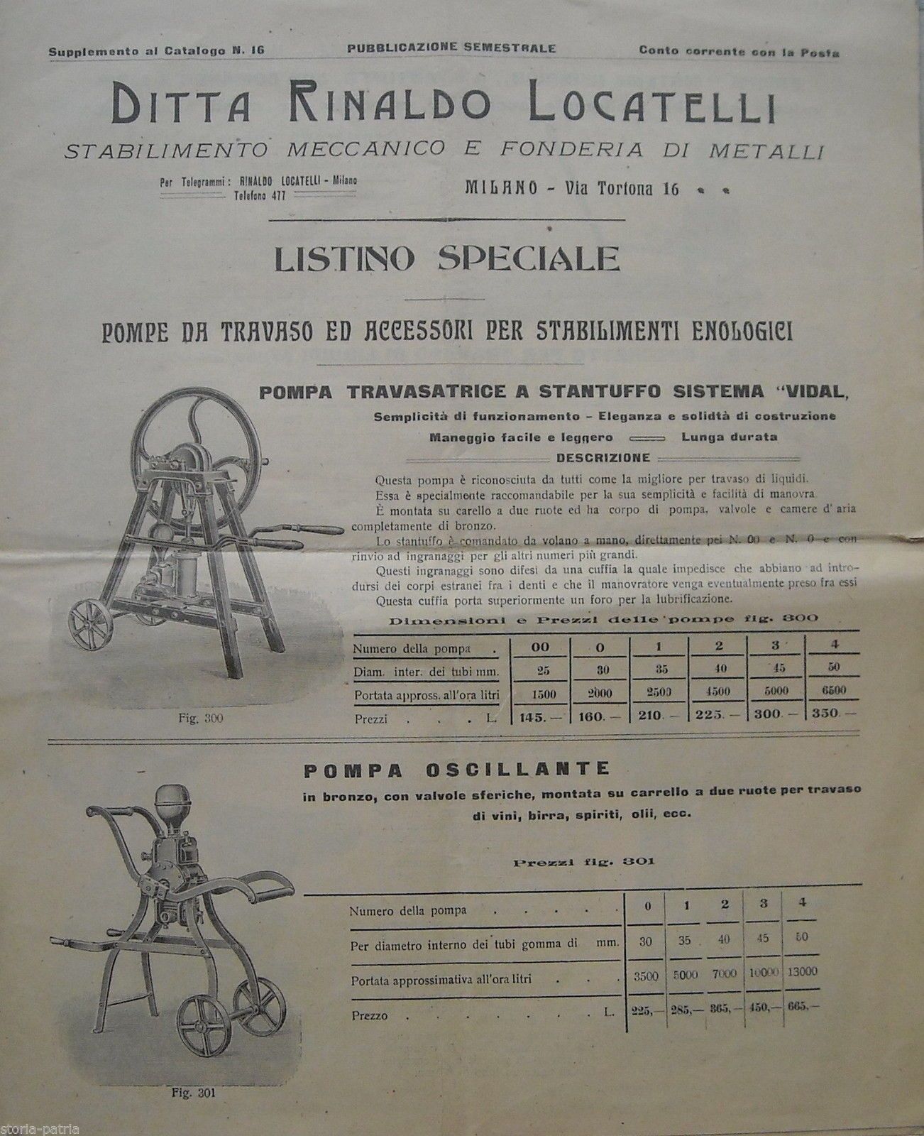 Catalogo Pompe Enologiche Fonderia Locatelli, Milano. Primo '900.