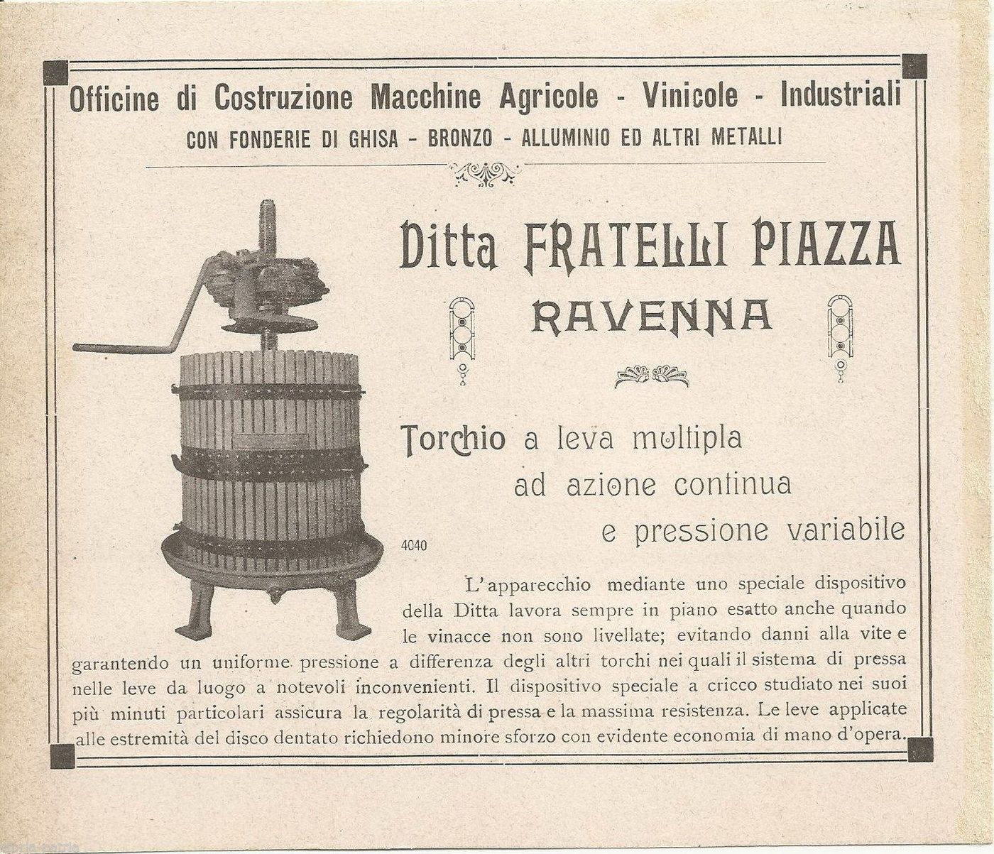 Pubblicità Fratelli Piazza Ravenna, Macchine Agricole Ed Enologia, 1922