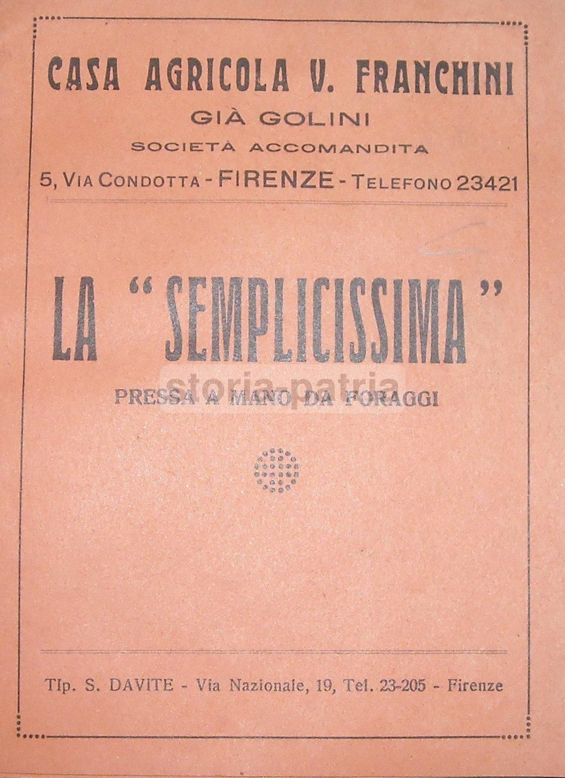 Depliant Pressa Foraggi "Semplicissima" Franchini Firenze Anni '30