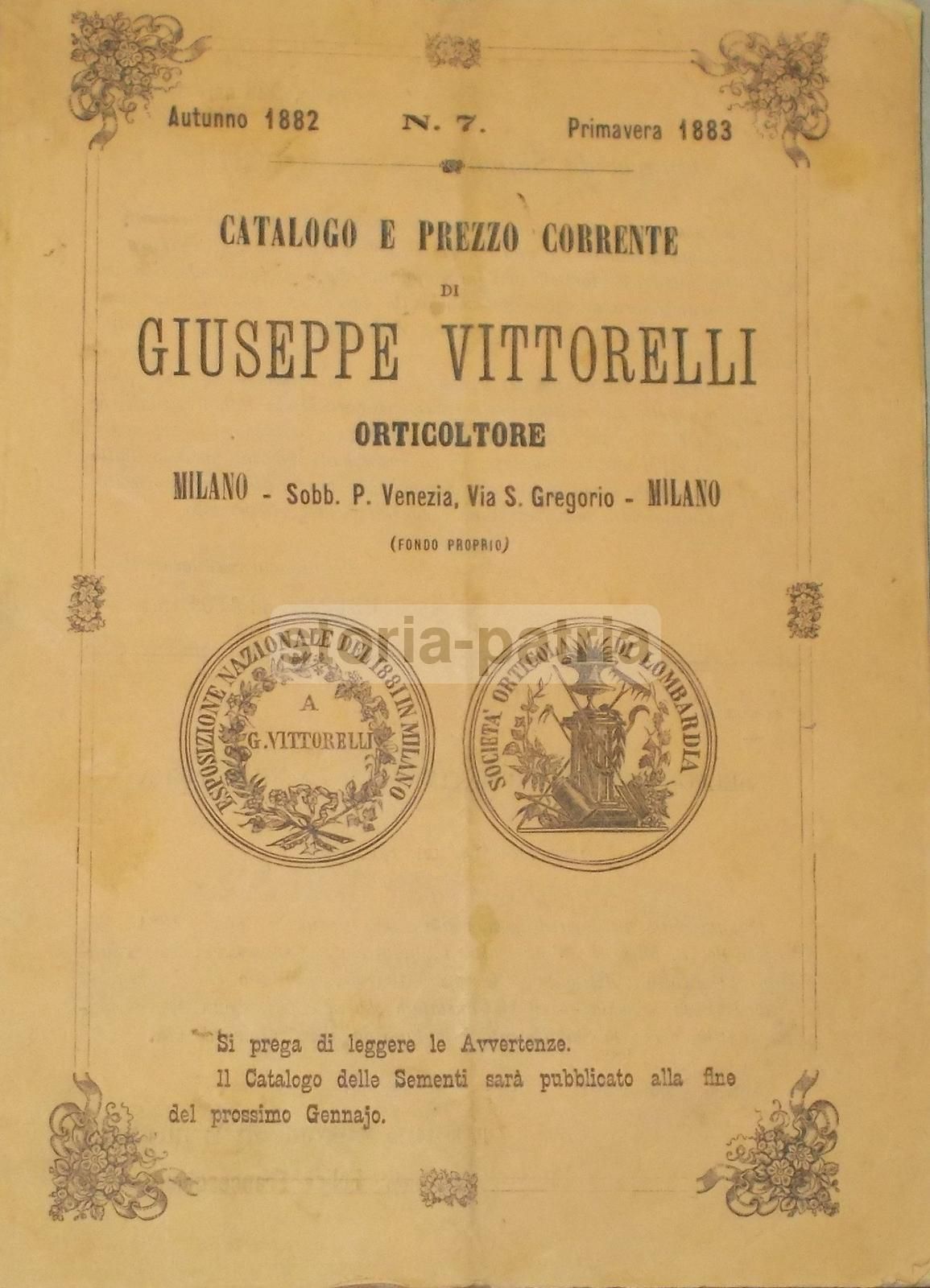 Catalogo Orticoltore Giuseppe Vittorelli, Milano 1882 1883