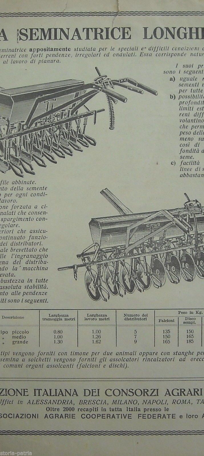 Seminatrice Longhini Piacenza: Pubblicità Agricola Anni '30