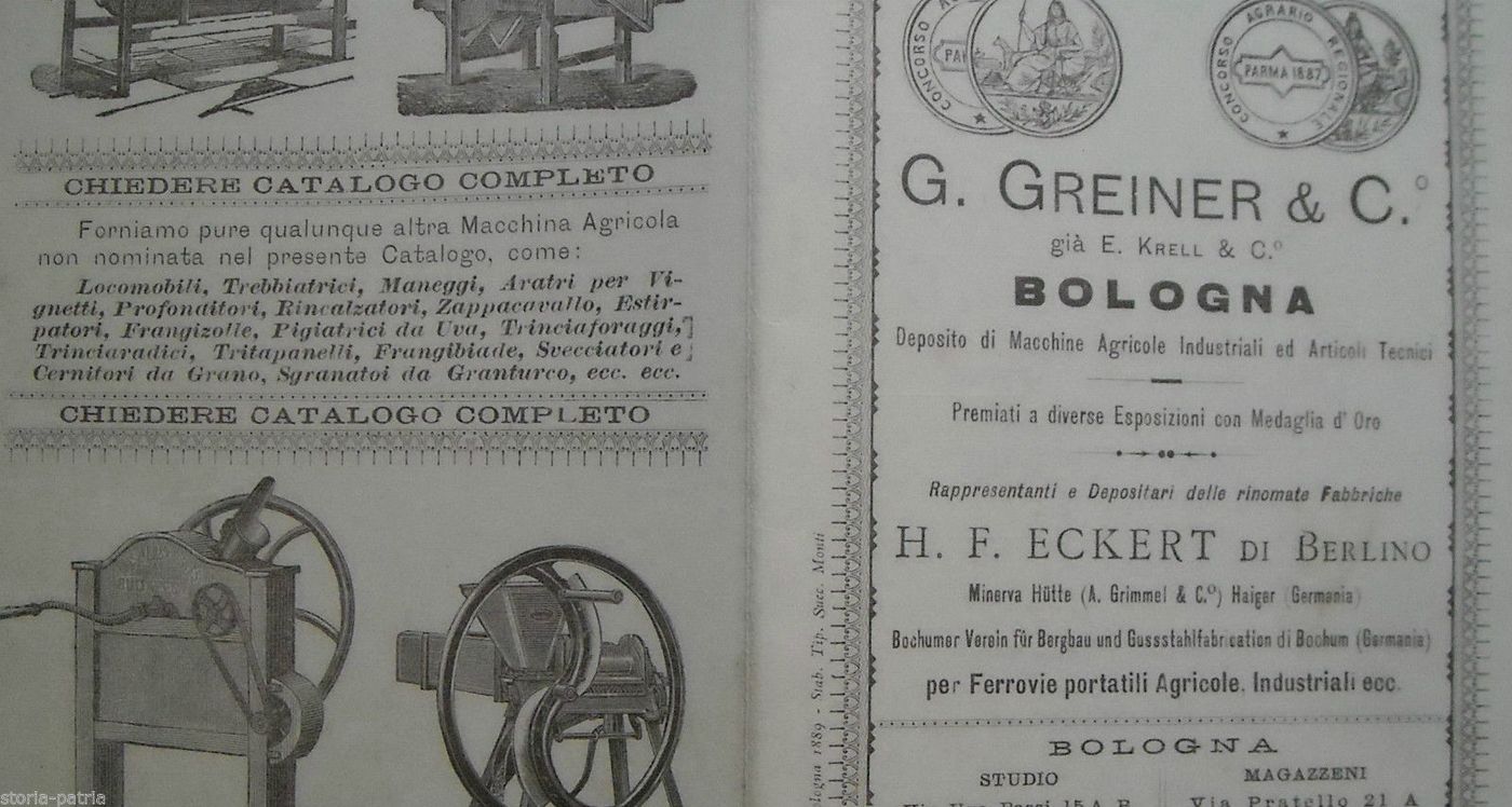 Depliant G. Greiner & C. Bologna 1889 Macchine Agricole Illustrato