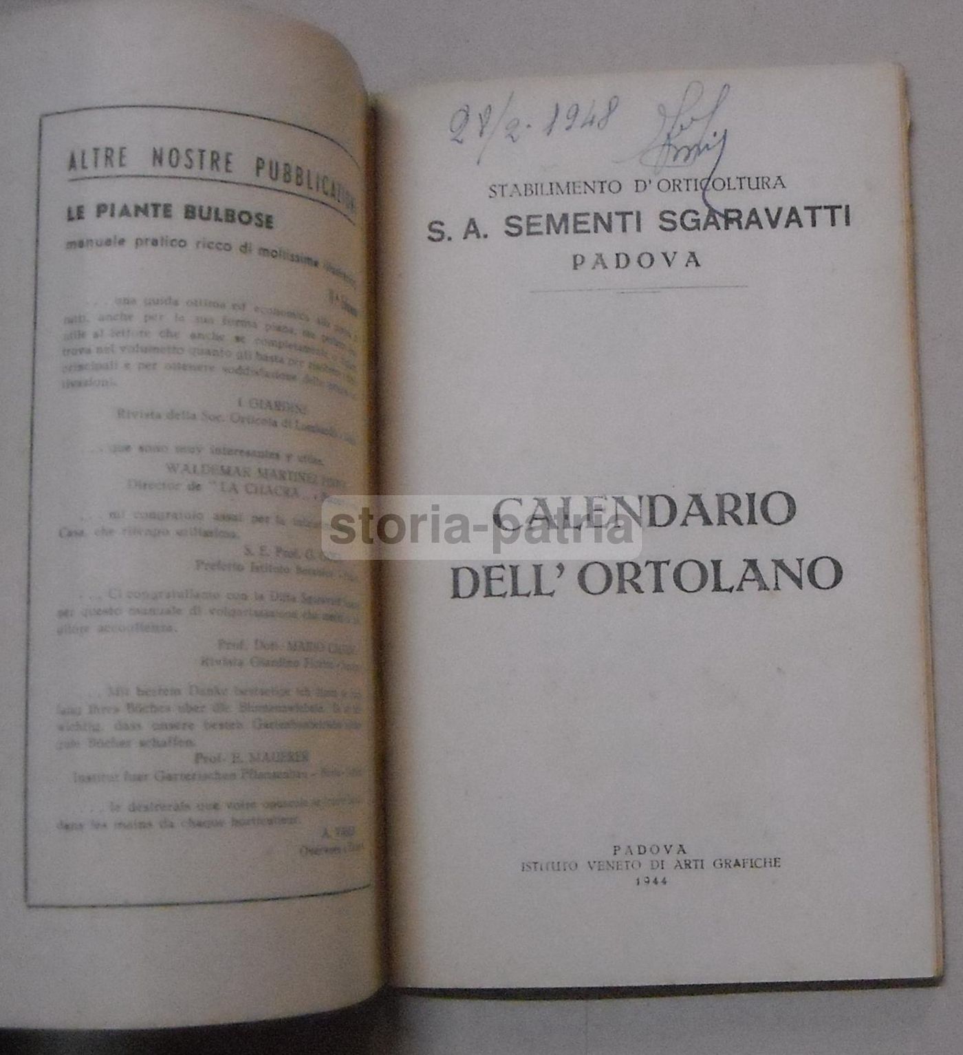 Calendario Dell'Ortolano Sgaravatti 1944 Padova