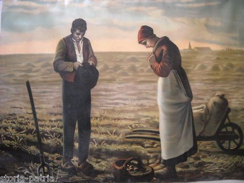 Stampa Antica L'Angelus Di Millet: Contadini In Preghiera, 1900