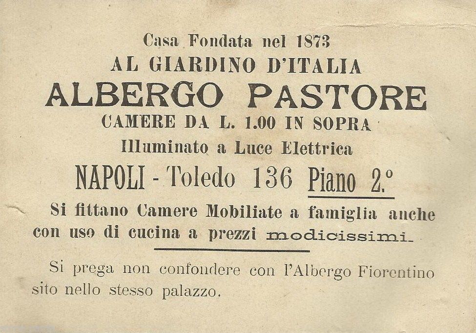 Biglietto Pubblicitario Albergo Pastore Napoli 1900 Via Toledo