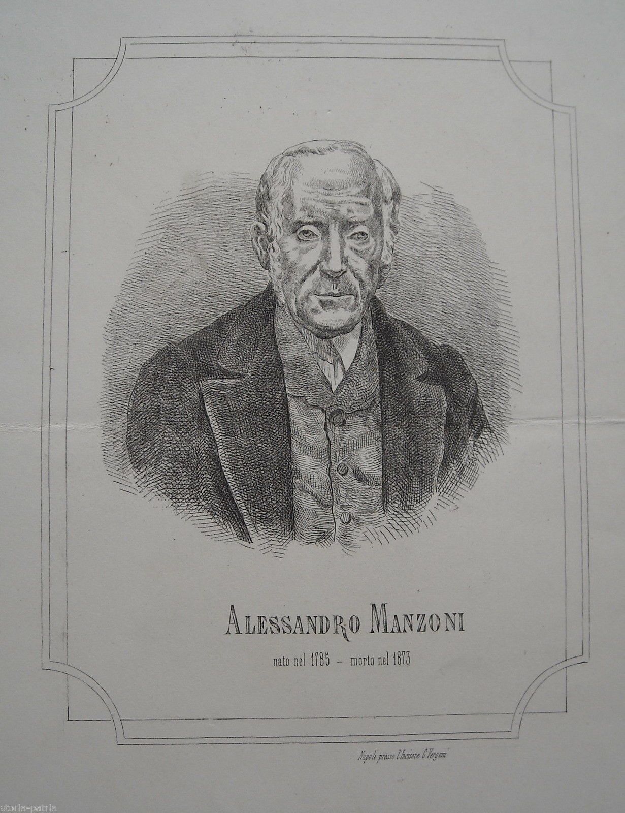 Ritratto Di Alessandro Manzoni: Incisione Di G. Vergani, Napoli, XIX Secolo