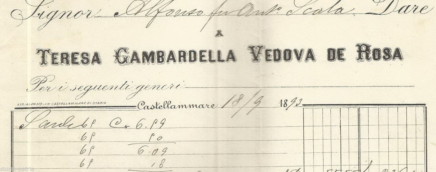 Carta Intestata Ditta Gambardella De Rosa, Castellammare 1893