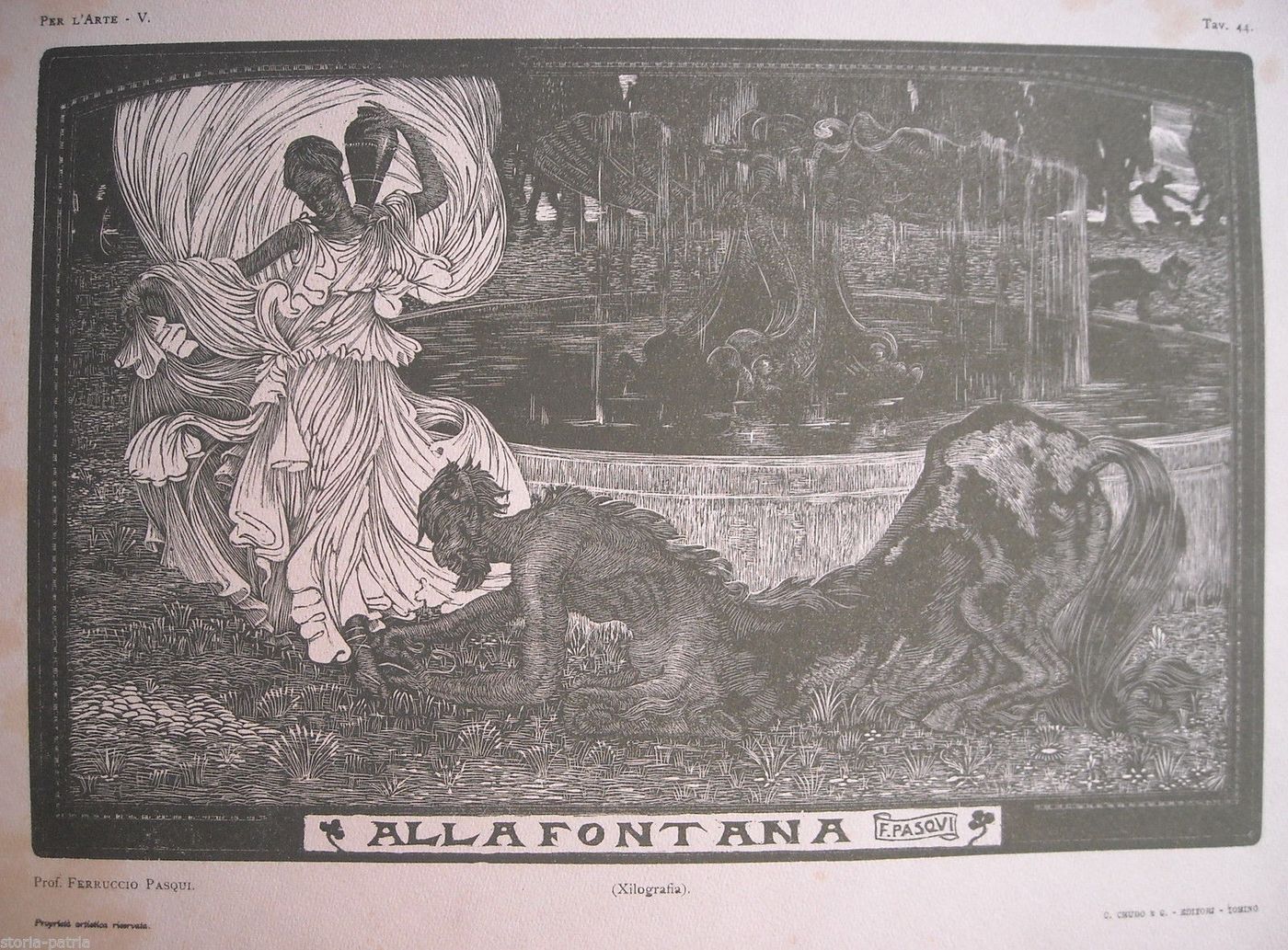 Xilografia Di Ferruccio Pasqui: Allegoria Con Satiri Alla Fontana