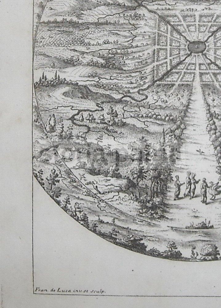 Incisione Antica Francesco De Luca 1763 Allegoria Giardini Napoli