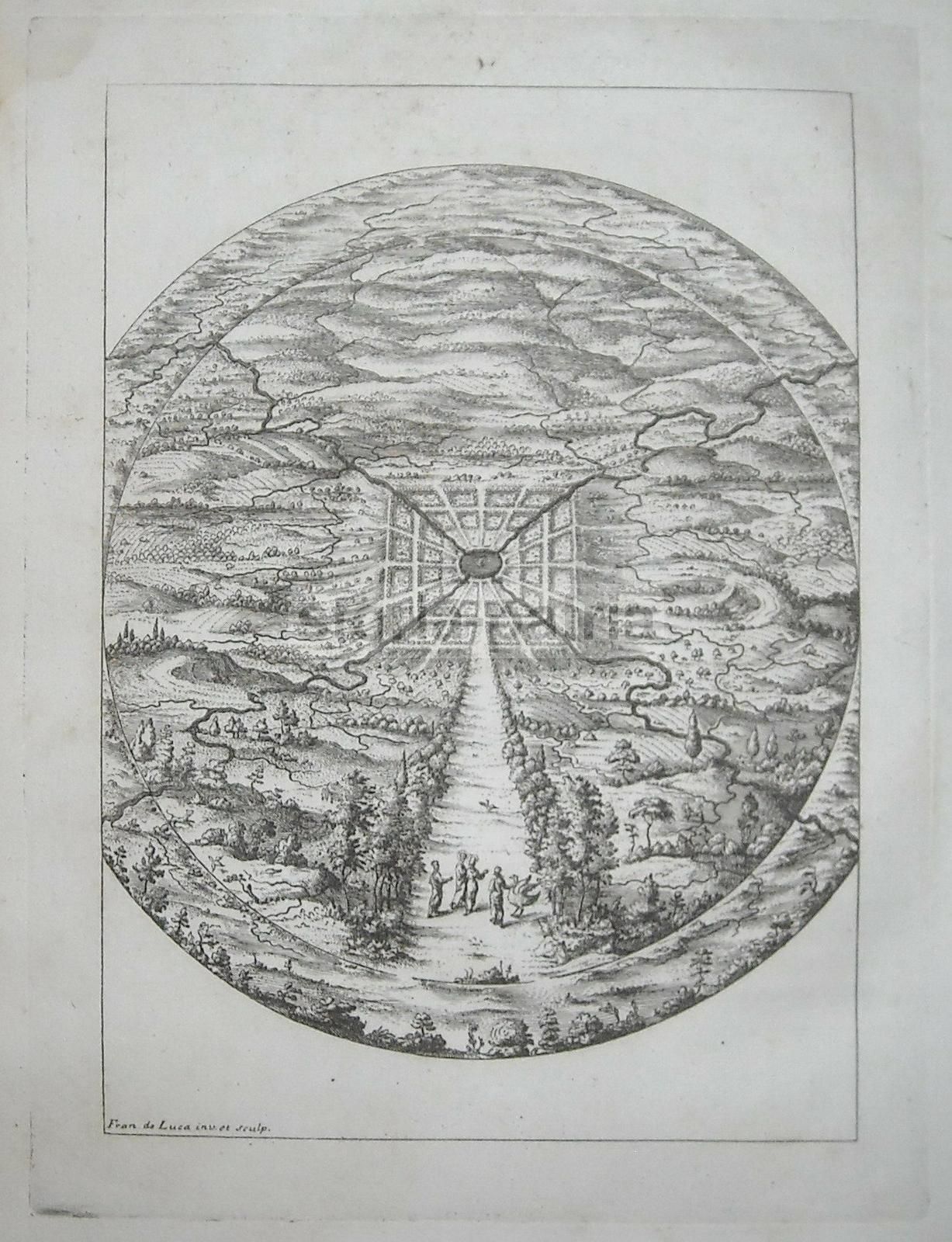 Incisione Antica Francesco De Luca 1763 Allegoria Giardini Napoli