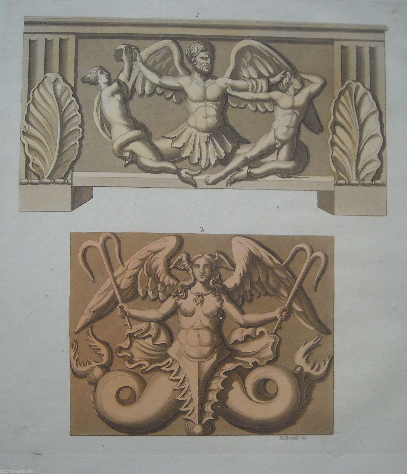 Incisione Bonatti: Allegorie Mitologiche E Architettura Antica, XIX Secolo