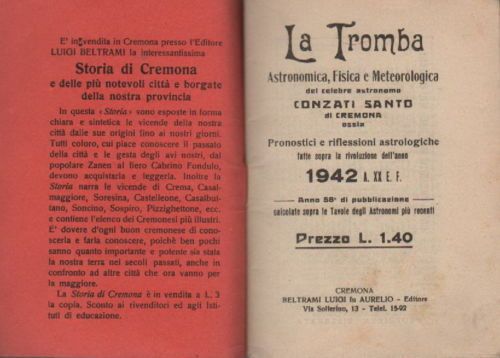 Almanacco Astronomico Conzati 1942, Cremona: Astrologia E Lunario