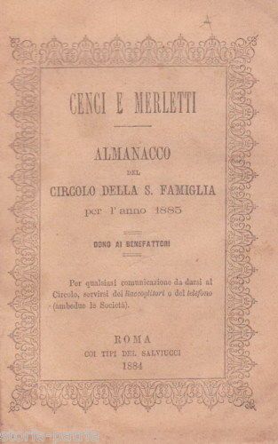 Almanacco Del Circolo Della Santa Famiglia, Roma 1885