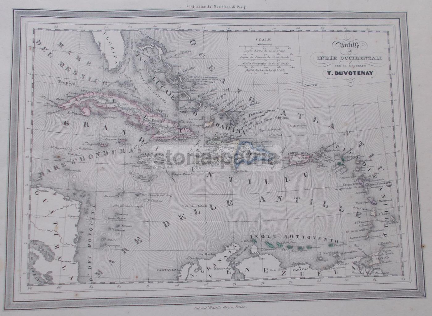 Mappa Delle Antille, Cuba, Haiti E Florida Di Duvotenay, 1850